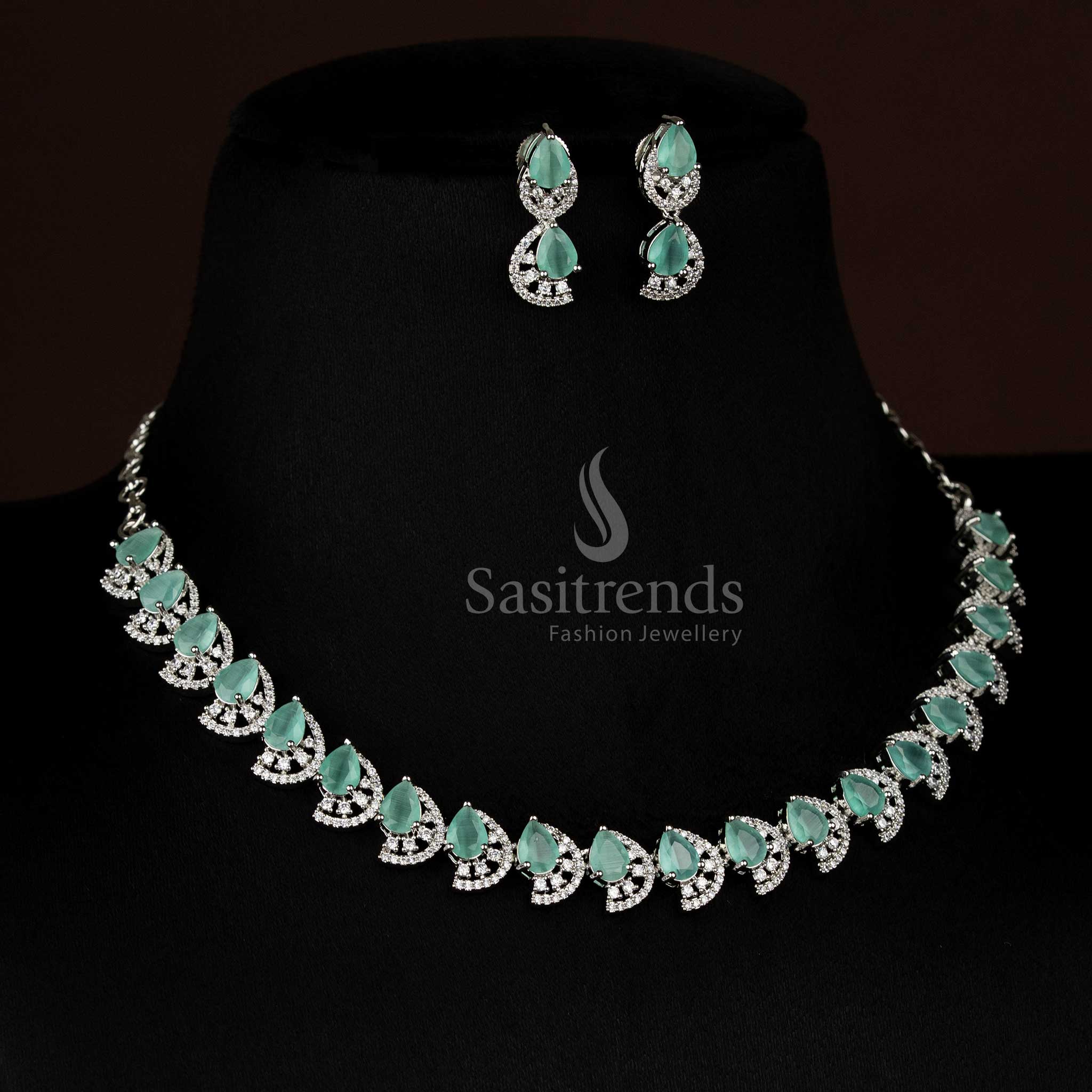 Chic mint teardrop rhodium silver necklace jewellery set with radiant American diamond sparkle - Sasitrends
