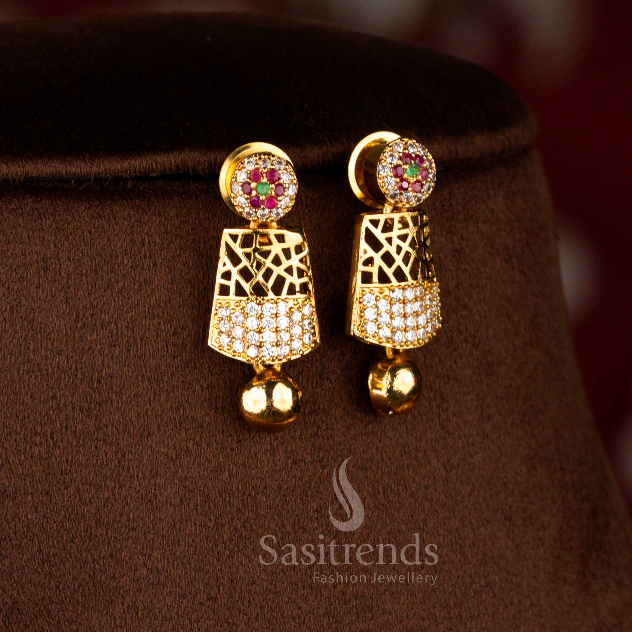 Contemporary matte gold plated square motif drop earrings decorated with multi colour festive American diamond stones – Sasitrends