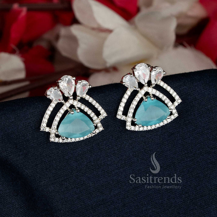 Chic Sky Blue Rhodium Silver Triangle AD Stud Earrings with festive sheen, perfect for evening wear and celebratory events — Sasitrends