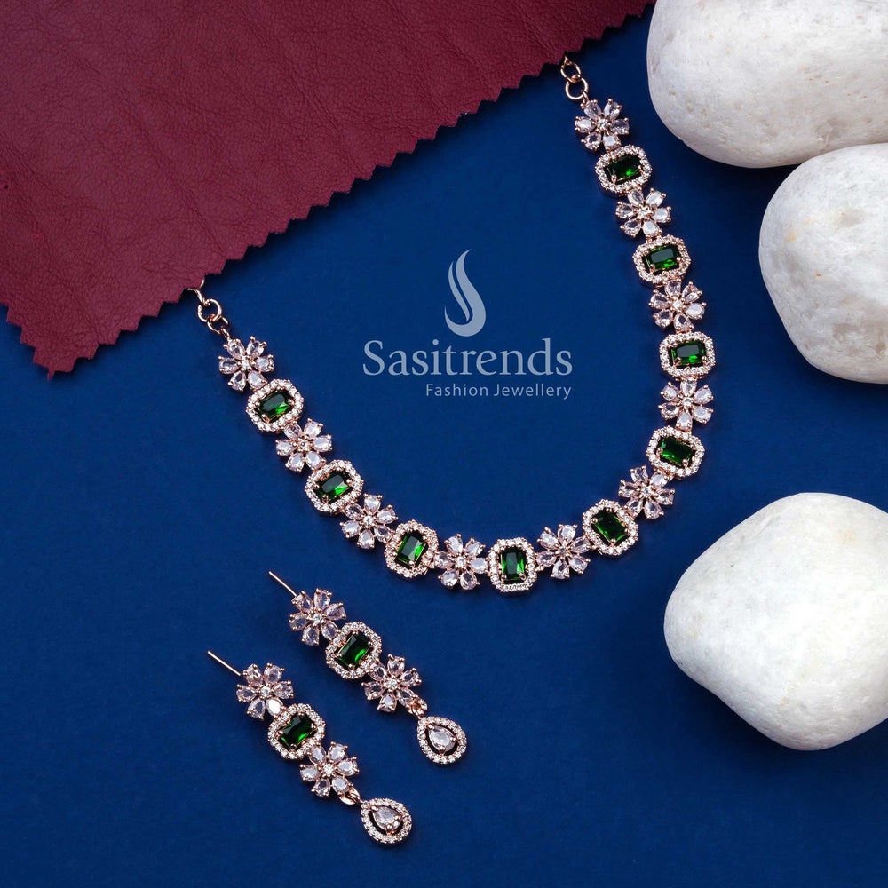 Premium rose gold plated green AD bloom necklace set with trendy earrings for chic party outfits – Sasitrends