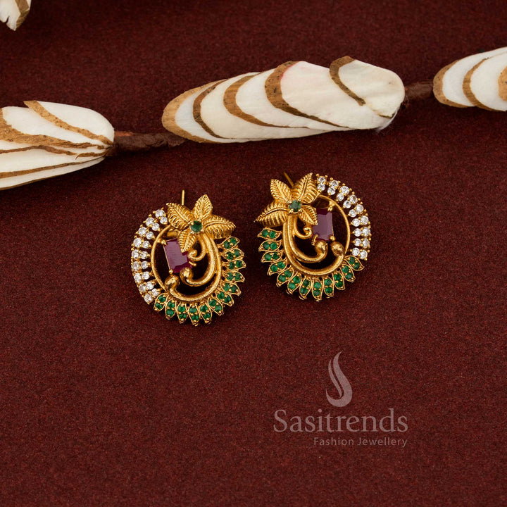 Trendy Temple Matte Gold Tone Floral Earrings with AD Stones for Women - Latest New Collection