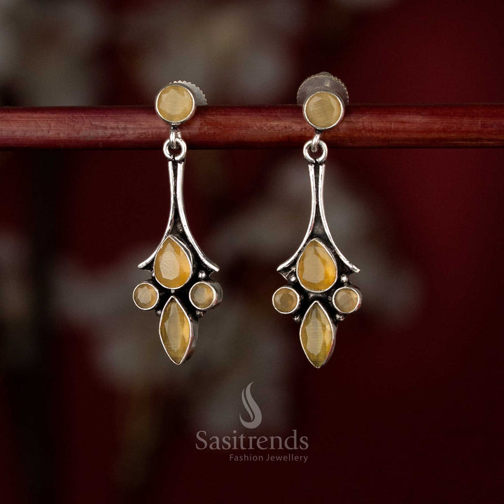 Oxidised geometric teardrop stone dangle earrings for office meetings and casual meetups – Sasitrends