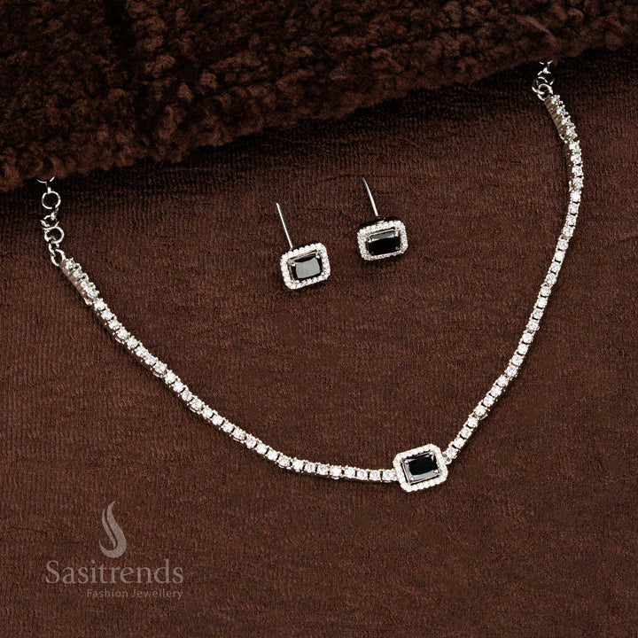 Black American diamond rectangle stone necklace set with rhodium silver polish and contrast stone earrings – a sleek contemporary statement jewellery set by Sasitrends