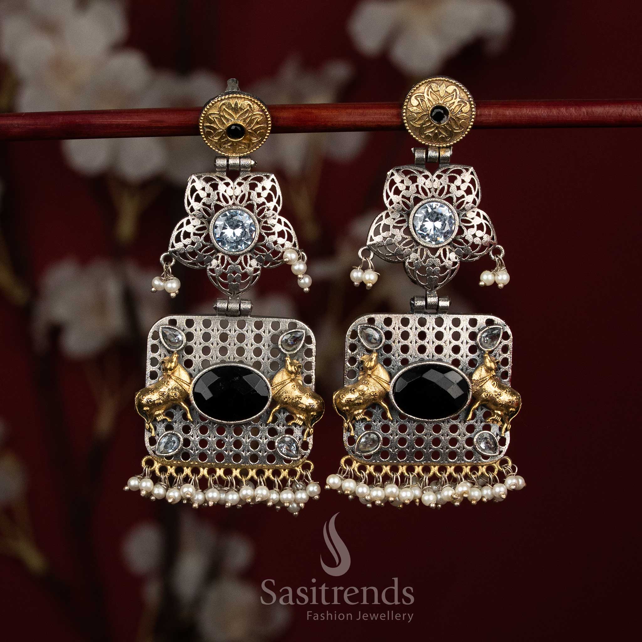 Shadow heritage oxidised silver black white floral mandala Nandi bull panel earrings with oval Monalisa stone pearl drops for festive - jewellery - Sasitrends