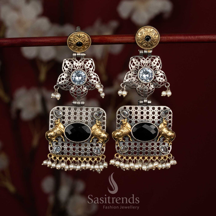 Shadow heritage oxidised silver black white floral mandala Nandi bull panel earrings with oval Monalisa stone pearl drops for festive - jewellery - Sasitrends