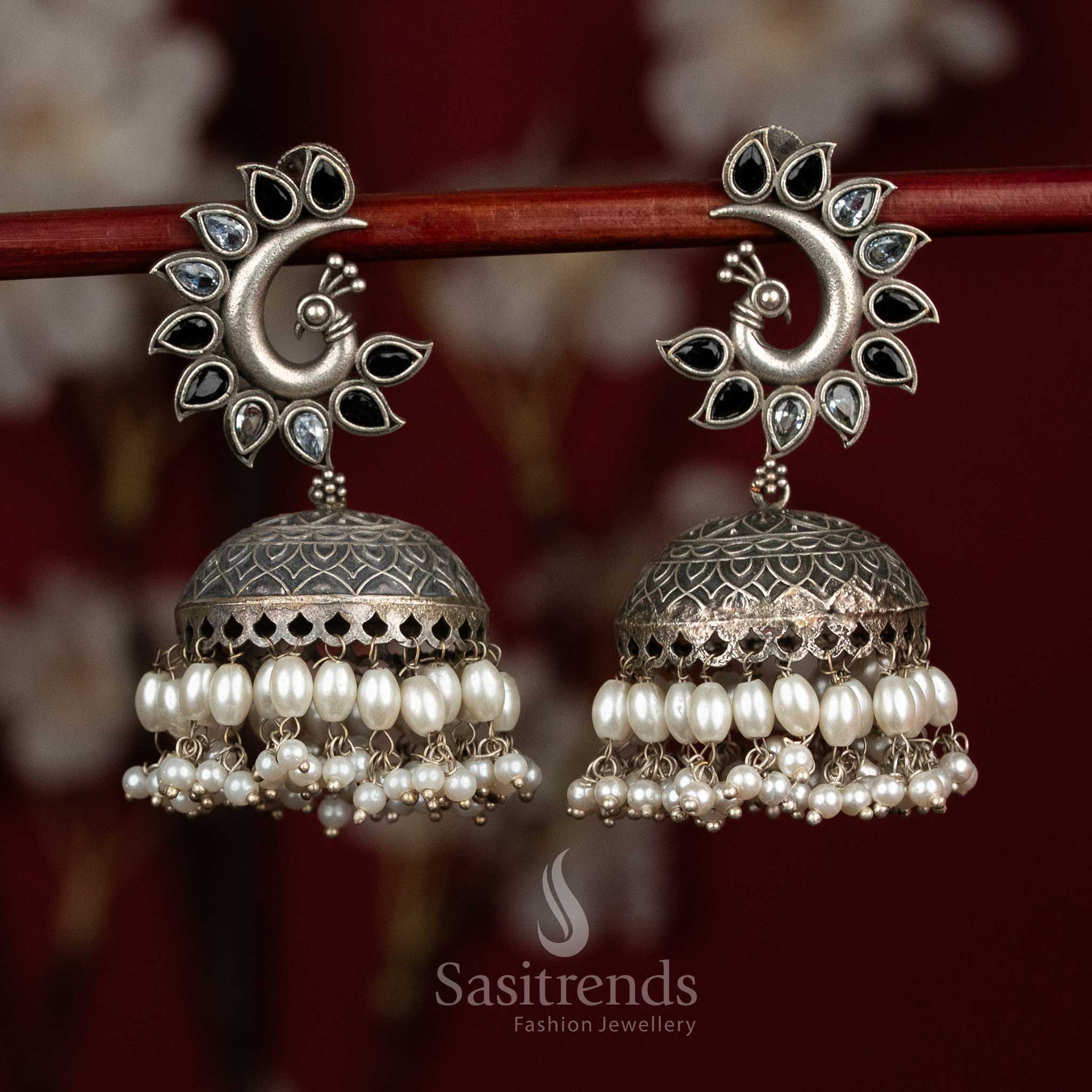 Slate opal oxidised 92.5 silver black white peacock motif dome jhumkas with pearl layers for party lustre - jewellery - Sasitrends