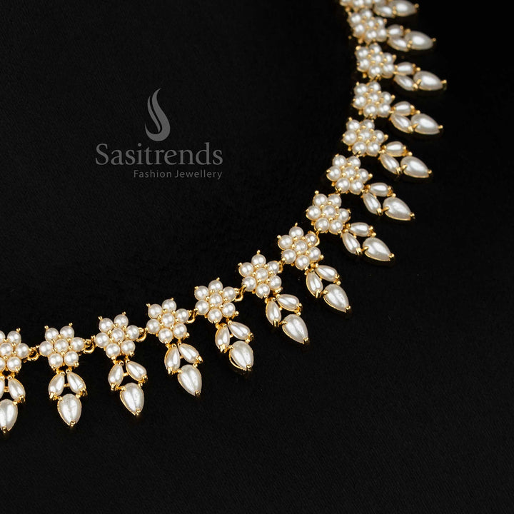 Silk Bloom styled micro gold plated floral teardrop leaf AD pearl necklace set suited for night styling occasions - Sasitrends