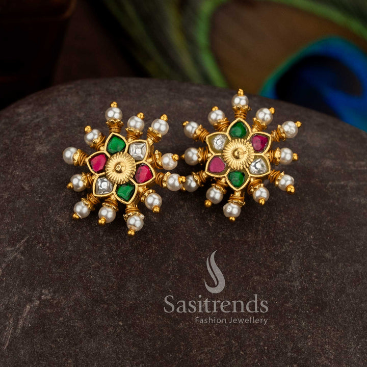 Radiant 24K Jadau Gold Plated Starburst Floral Kundan AD Stone & Pearl Bugadi Ear Cuff Earrings for Festive & Temple Wear