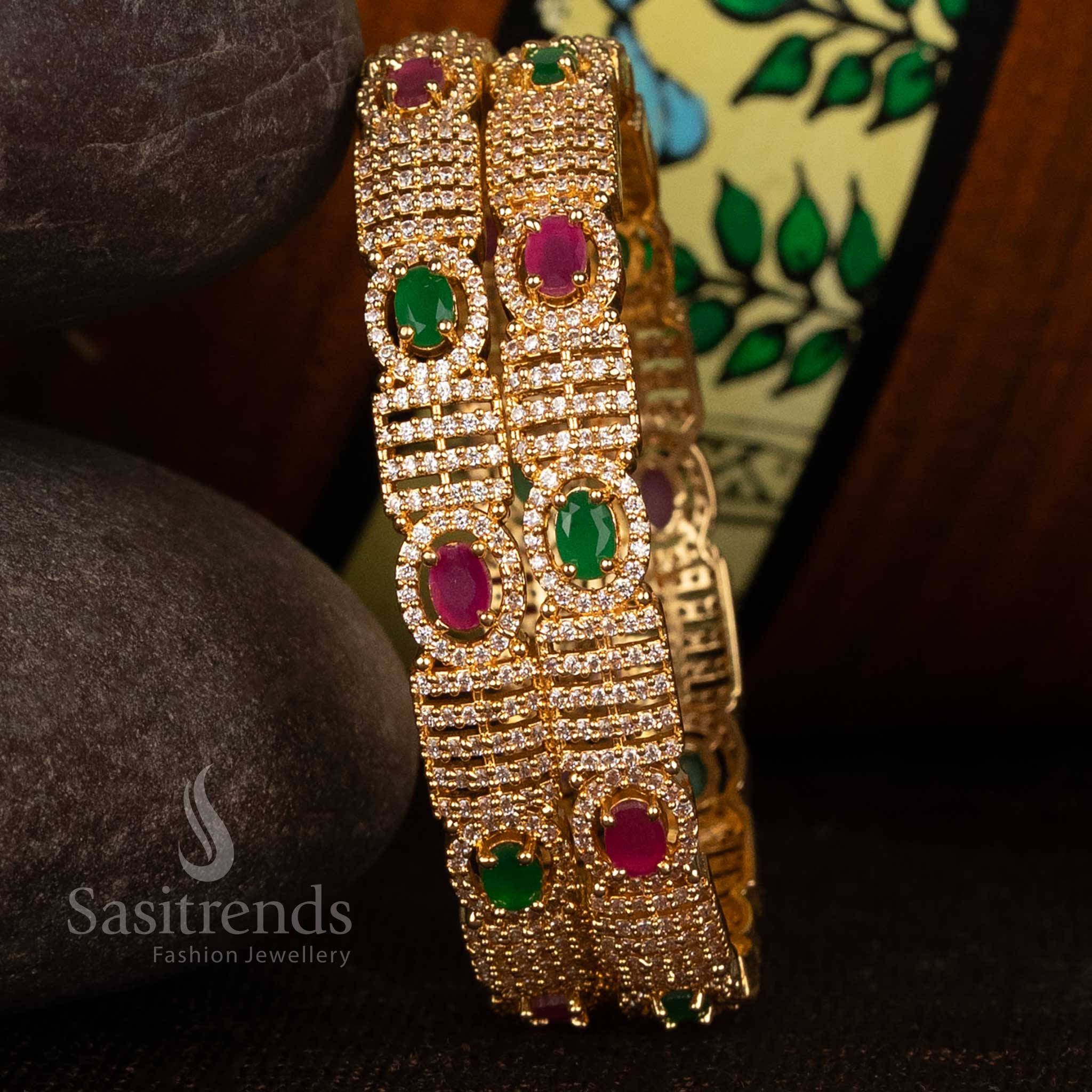Radiant multi American Diamond micro gold plated oval stone bangles set of 2 ideal for celebrations and events - Sasitrends