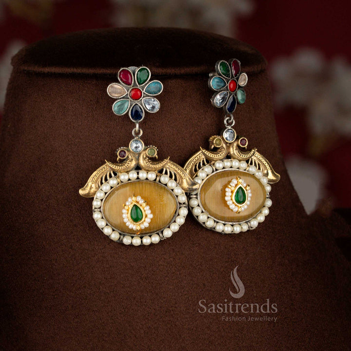 Artistic dual tone antique oxidised 92.5 silver plated multi peacock floral oval pendant earrings – Sasitrends