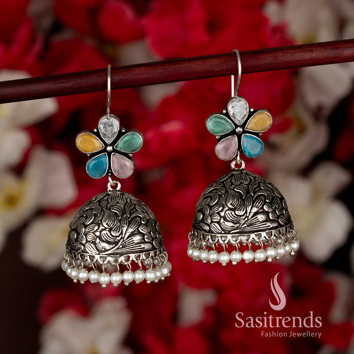 Multi Color Ethnic Party Oxidised Floral Jhumkas with Pearl Drops Featuring Fish-Hook Closure for Black Saree Navaratri Wear-Sasitrends