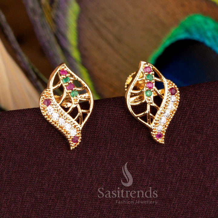 Elegant Multi Color Leaf Designer Stud Earrings One Gram Micro Gold Plated Style With Sparkling AD Stones – Sasitrends