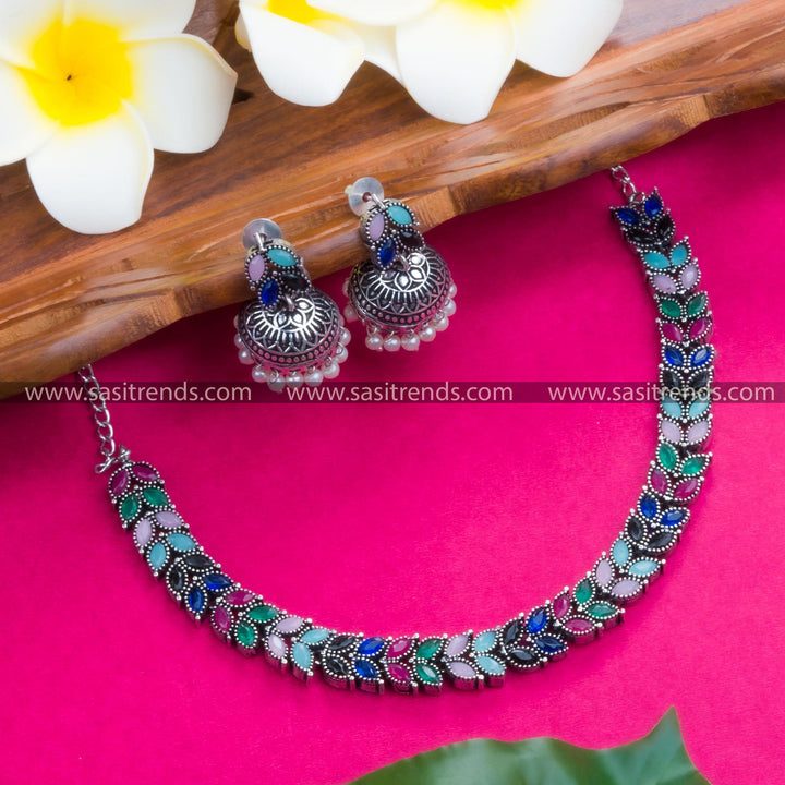 Elegant Oxidised Stones Jewellery Set with Leaf Motifs - Sasitrends - Sasitrends