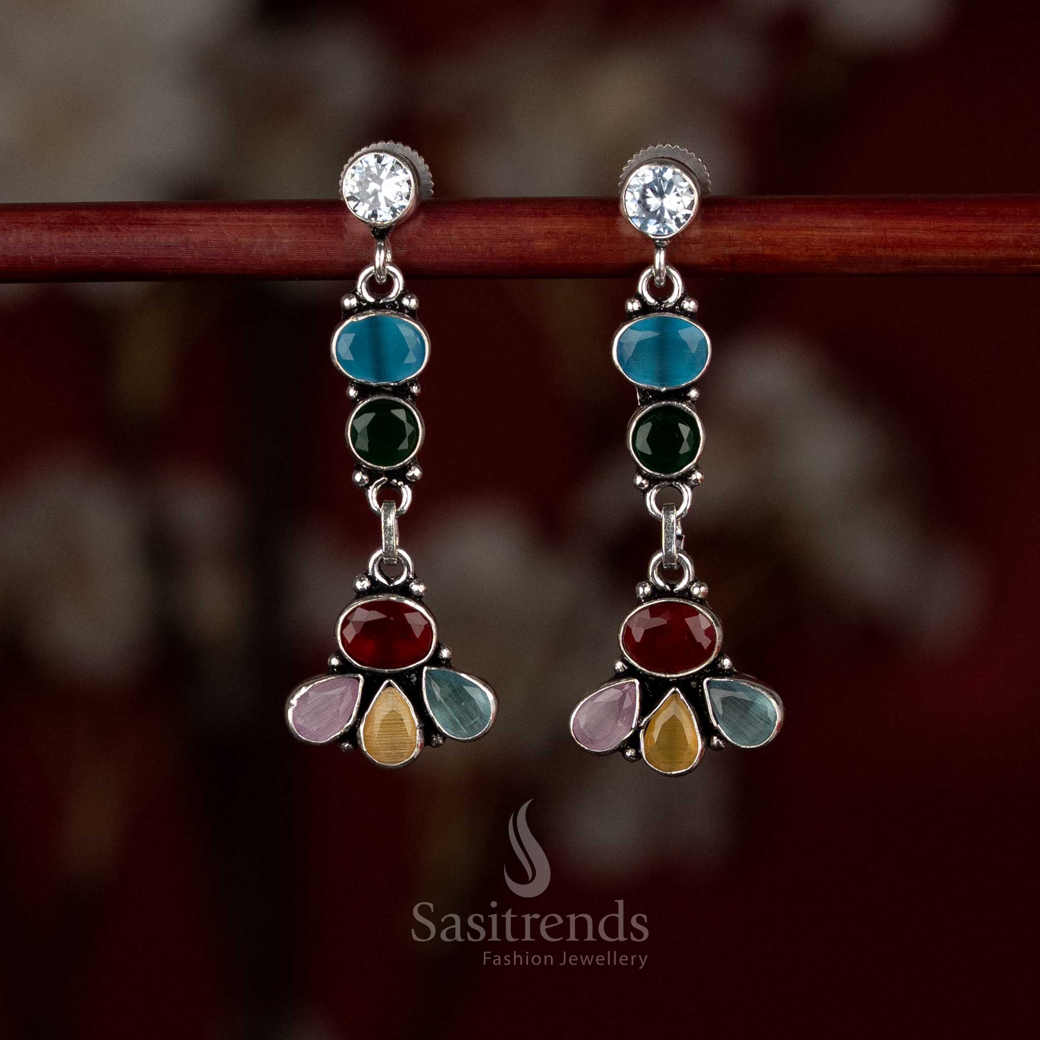 Multi-colour oxidised silver earrings crafted with a vertical floral mosaic and multi-element detailing – Sasitrends