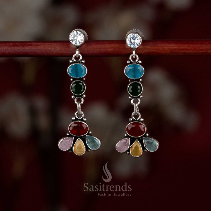 Multi-colour oxidised silver earrings crafted with a vertical floral mosaic and multi-element detailing – Sasitrends