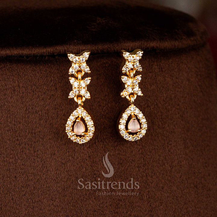 Micro gold plated earrings designed with scalloped teardrop and rhombus floral American diamond accents in lively multi colour tones – Sasitrends