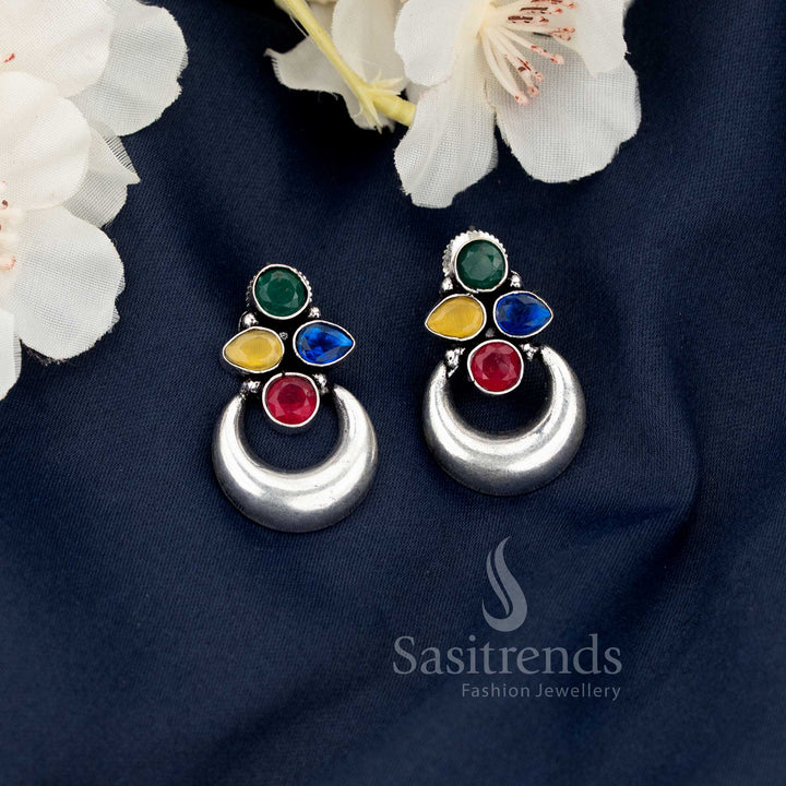 Vibrant multi-colour oxidised half moon floral motif earrings that celebrate Navaratri joy and ethnic colour splendour by Sasitrends