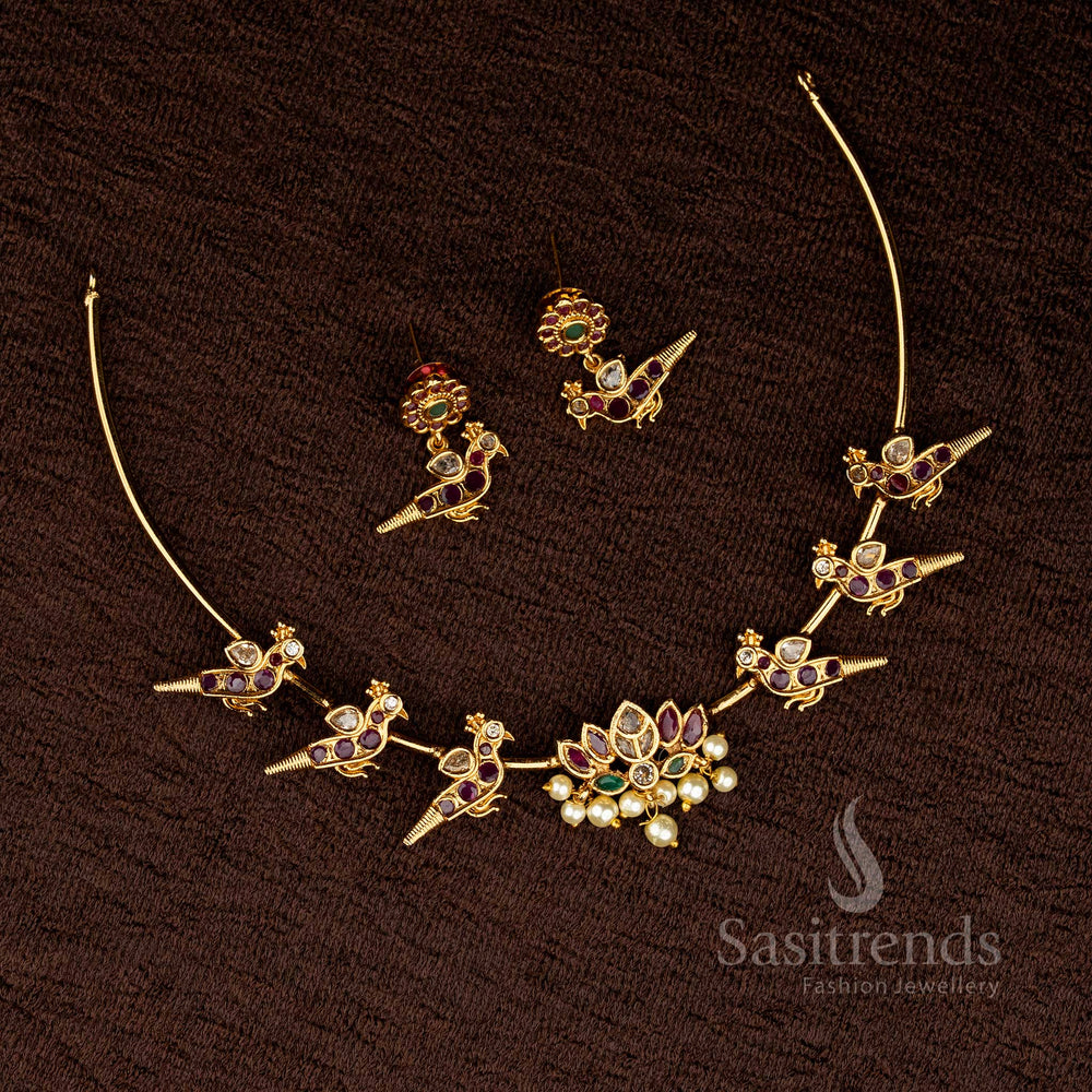 Elegant Multi-Coloured Attigai Choker Necklace Featuring Lotus Pendant and Intricate Peacock Design with Painted Kemp Stones – Sasitrends