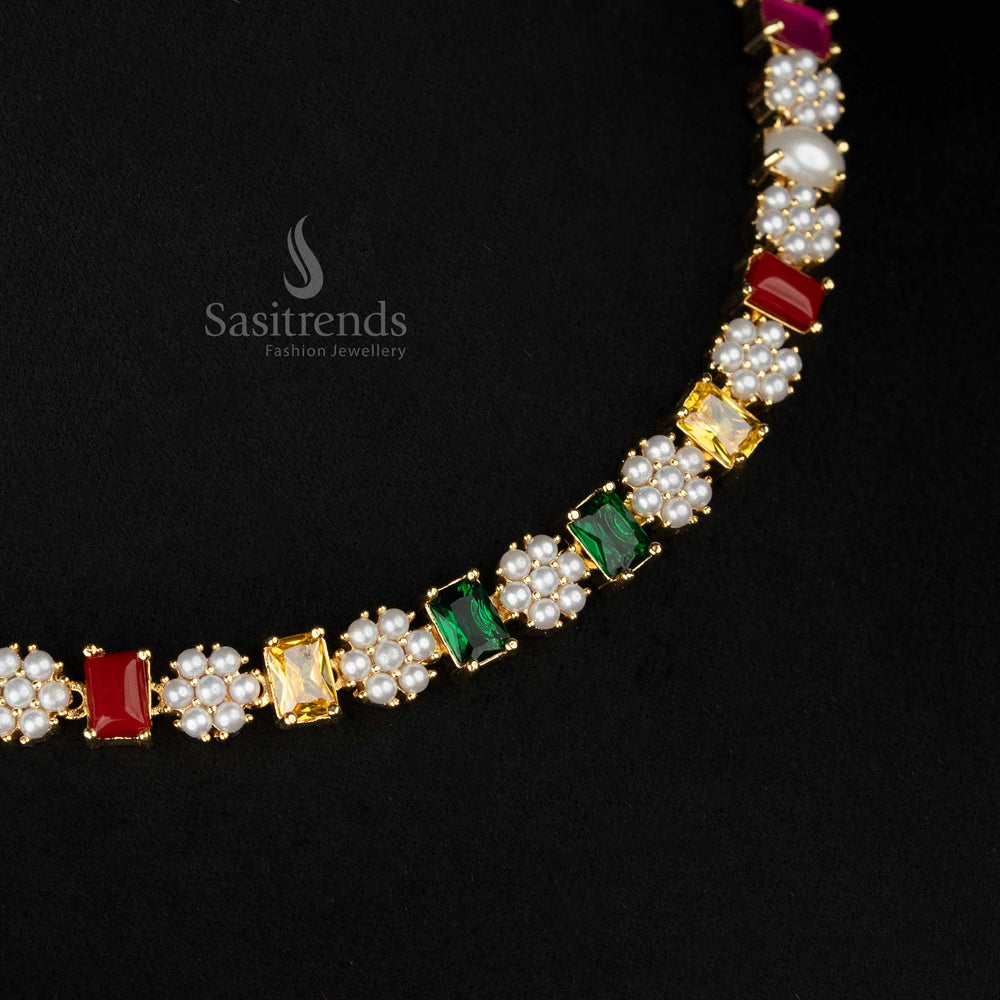 Vibrant multi-tone micro gold plated jewellery set featuring floral pearl clusters and rectangular stone necklace combo – Sasitrends