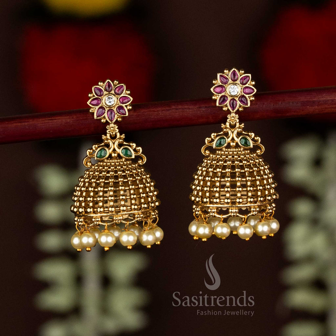 Majestic multi matte gold plated AD Kemp floral jhumka earrings with traditional gutta pearls – Sasitrends