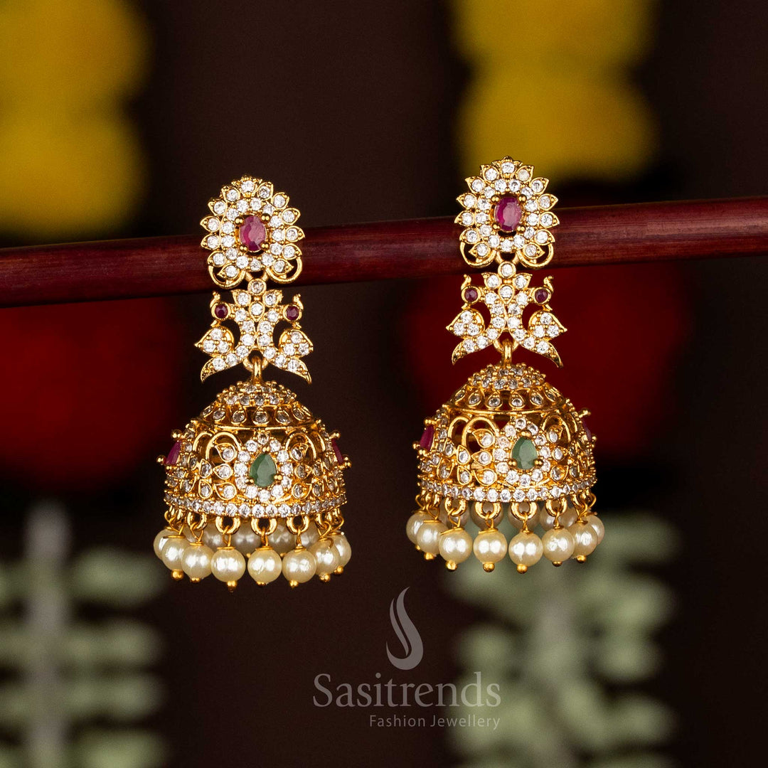Vibrant multi matte gold plated peacock floral AD jhumka earrings with graceful pearl drops – Sasitrends