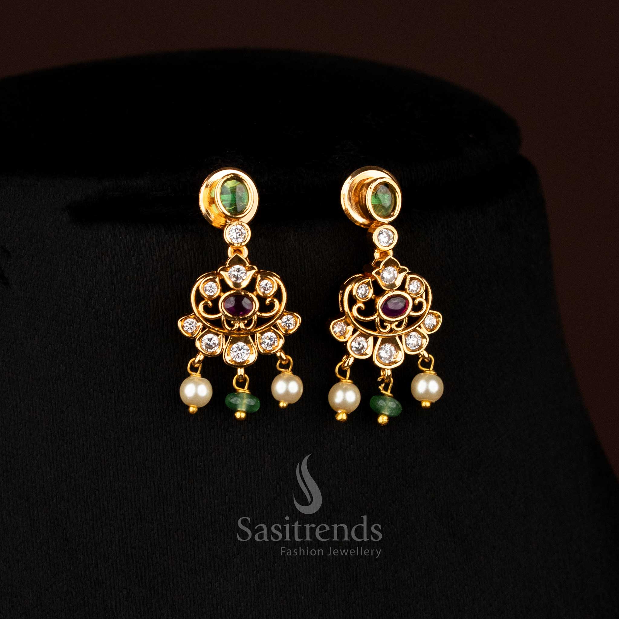 Majestic multi-colour matte gold plated crescent floral earrings with oval AD stones, perfect to wear for festive weddings and special occasions – Sasitrends