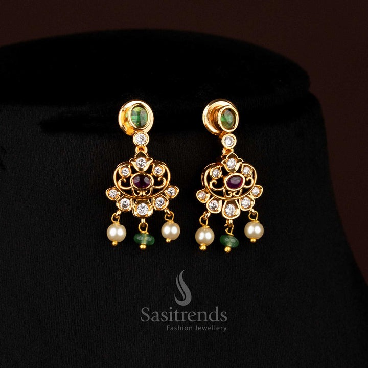 Majestic multi-colour matte gold plated crescent floral earrings with oval AD stones, perfect to wear for festive weddings and special occasions – Sasitrends