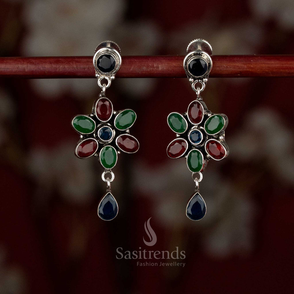 Multi-colour oxidised silver earrings featuring flowing clustered petals and gentle floral motion – Sasitrends