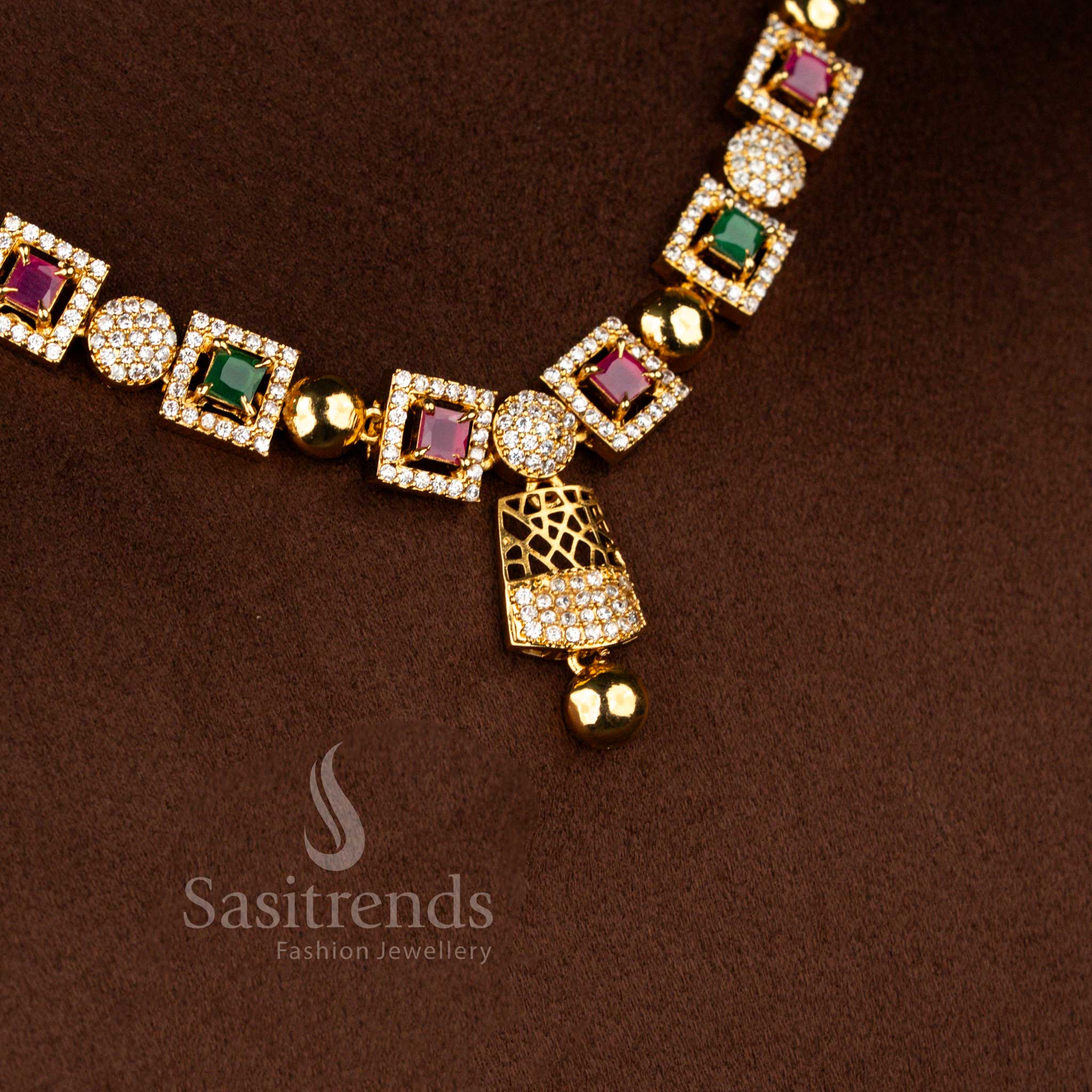 Contemporary American diamond matte gold plated geometric square motif necklace designed with vibrant multi colour festive stones – Sasitrends