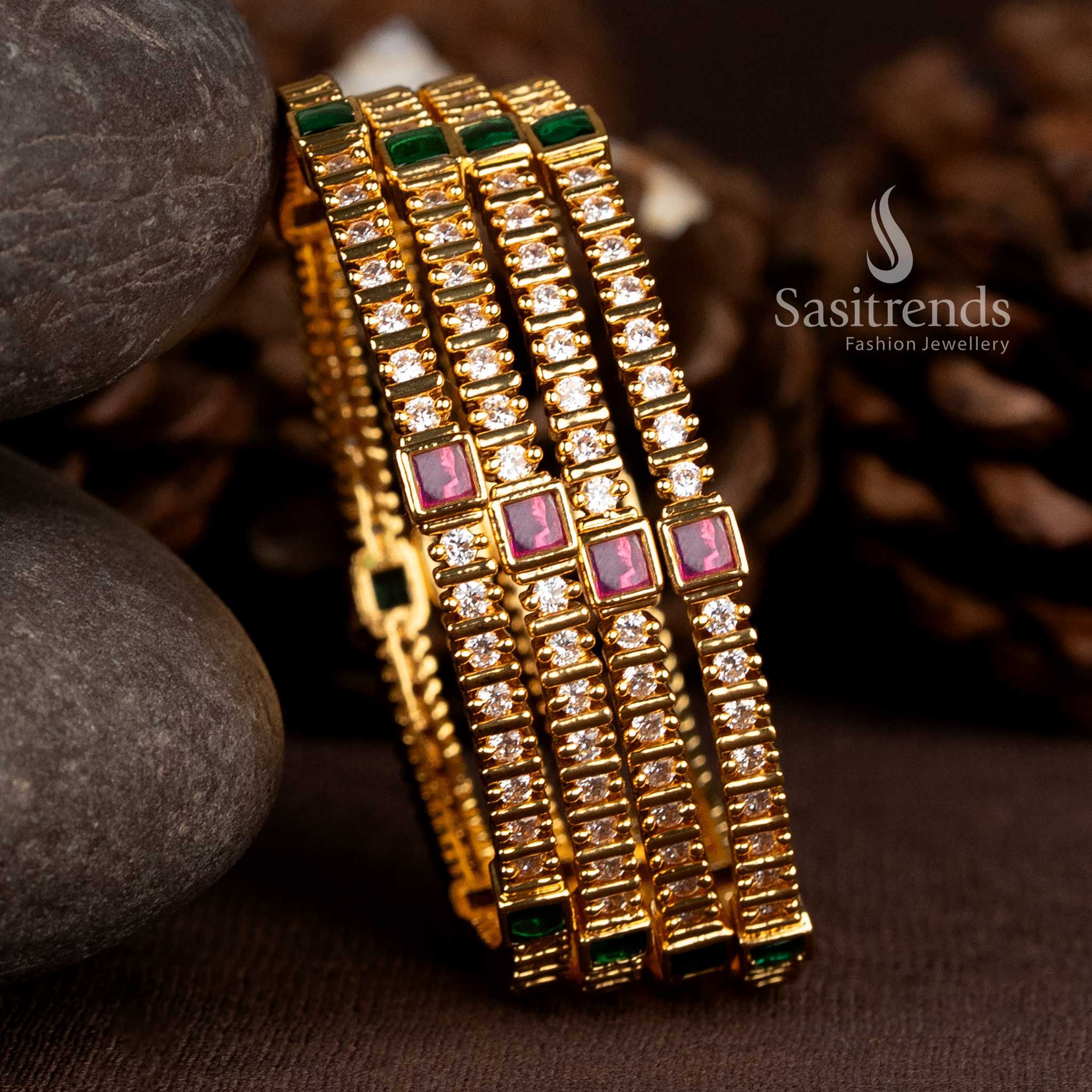 Refined one gram gold plated bangles adorned with white and green AD centre stones in square and round detailing, perfect for timeless traditional elegance – Sasitrends