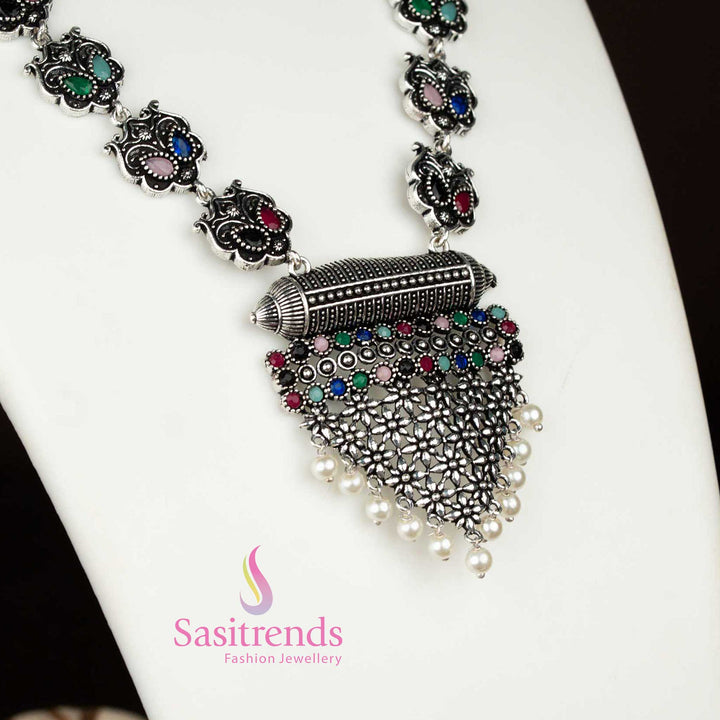 Colourful grape motif oxidised necklace with vibrant stone charms and matching jhumka earrings – trendy jewellery for parties and celebrations crafted with artistic elegance by sasitrends