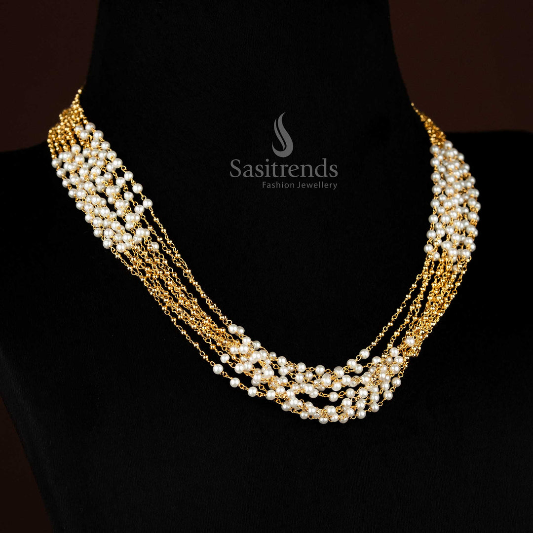 Elegant multi-layer gold plated Maalai necklace adorned with lustrous pearls, perfect for saree and lehenga styling at festive or bridal occasions – Sasitrends