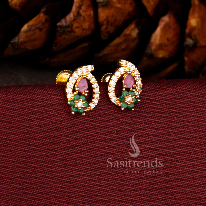 Vibrant micro gold earrings in multicolour designed with floral mango cut teardrop silhouette and dazzling American diamonds – Sasitrends