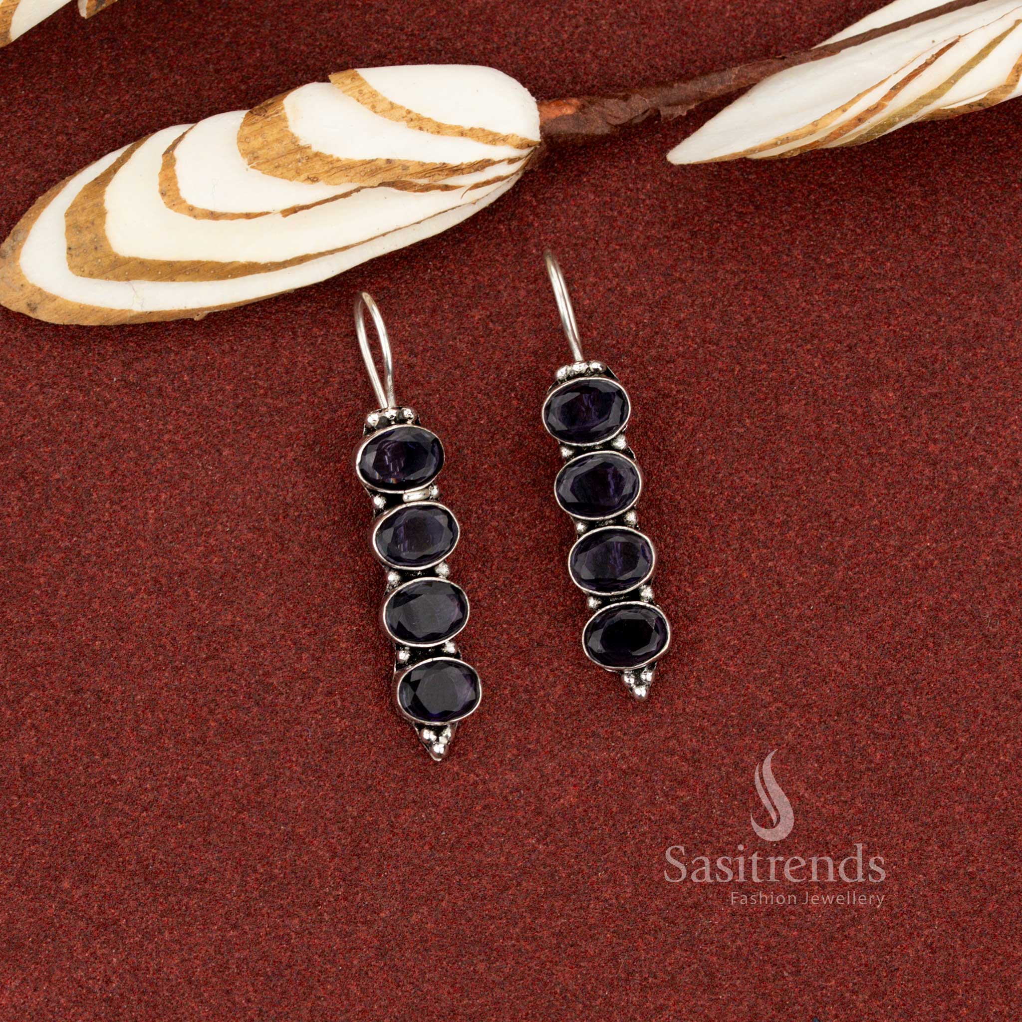 Royal dark purple oxidised vertical oval earrings designed for trendy casual outfits and night looks – Sasitrends