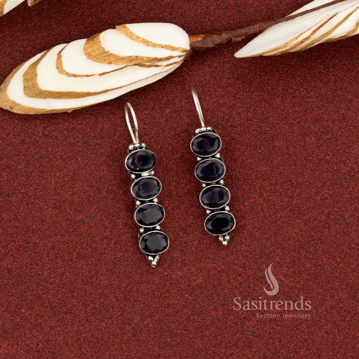 Royal dark purple oxidised vertical oval earrings designed for trendy casual outfits and night looks – Sasitrends