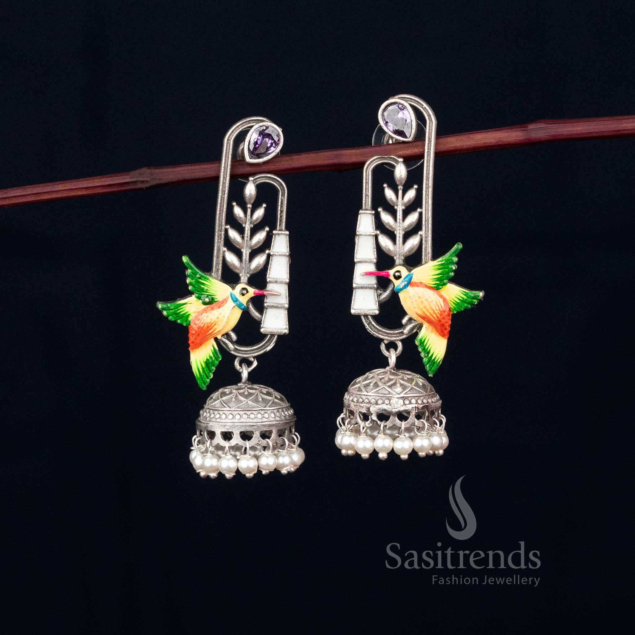 Celestial bird oxidised hand painted hummingbird jhumka earrings with leaf dangler and pearl dome for festive looks – Sasitrends