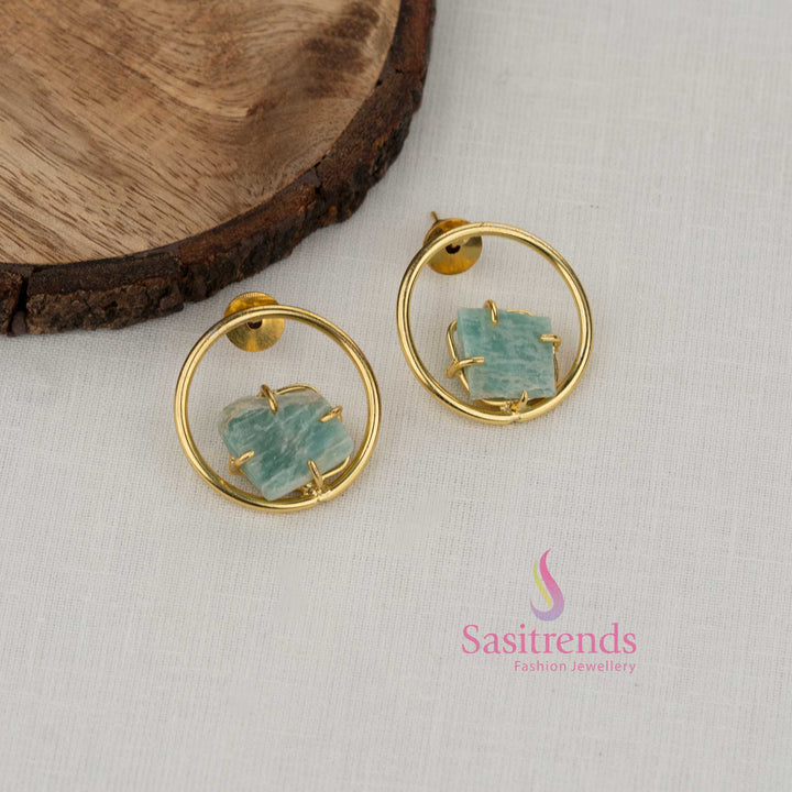 Mint Round shaped natural stone gold plated earrings crafted for elegant ethnic dressing fashionable office attire and day outings - Sasitrends