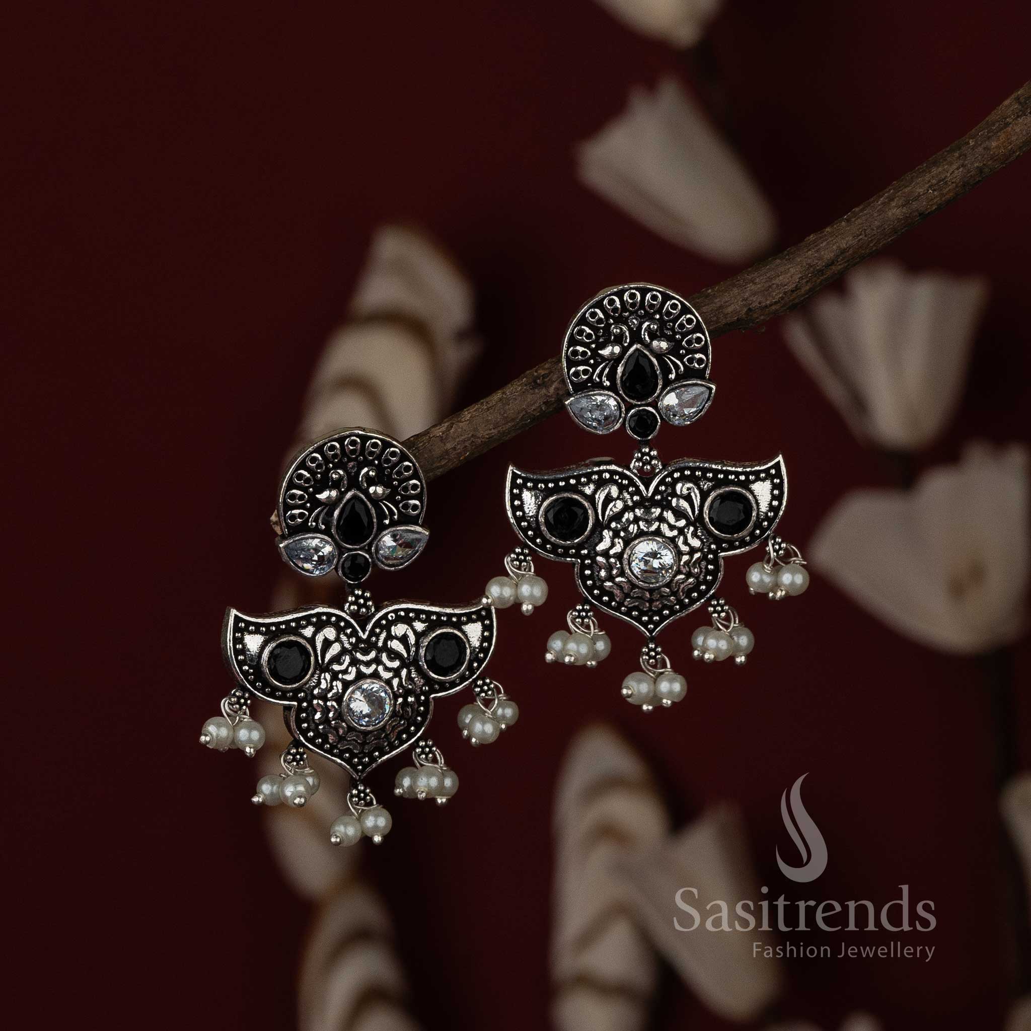 Navarathiri Oxidised White And Black Stone Stud Pearl Earrings Sasitrends Online Shopping