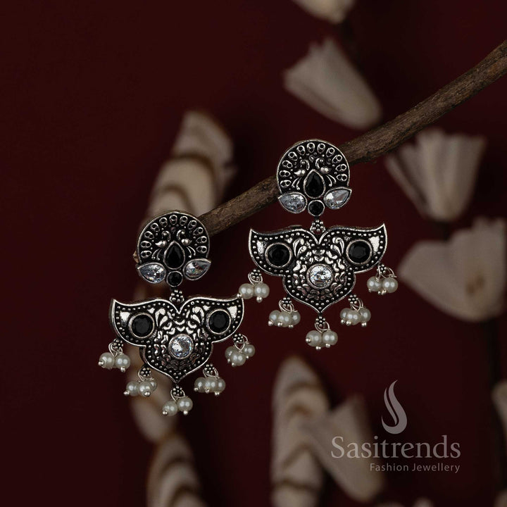 Navarathiri Oxidised White And Black Stone Stud Pearl Earrings Sasitrends Online Shopping