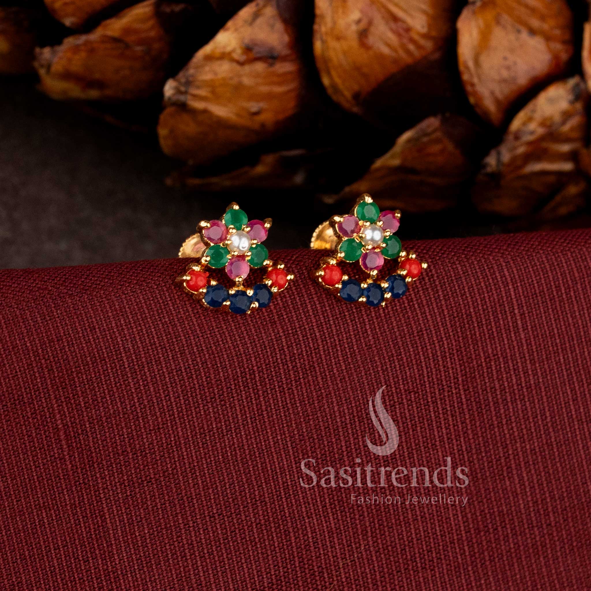 Traditional Floral and Half-Moon Earrings with Navarathna Stones in Gold Finish