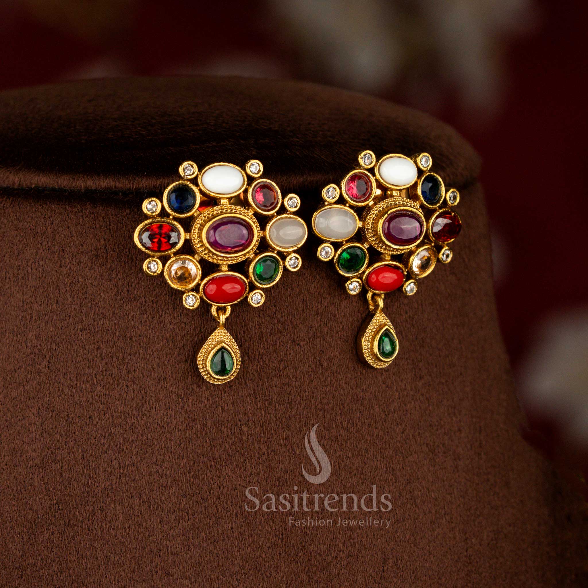 Designer matte gold earrings featuring vibrant Navarathna stone arrangement with intricate floral styling – Sasitrends