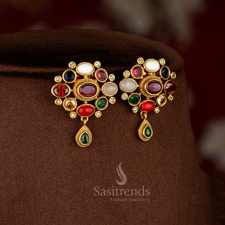 Designer matte gold earrings featuring vibrant Navarathna stone arrangement with intricate floral styling – Sasitrends