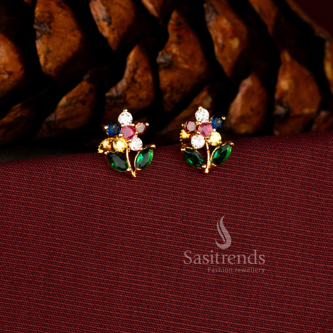 Micro gold plated American Diamond floral starburst earrings with marquise leaf accents - Sasitrends