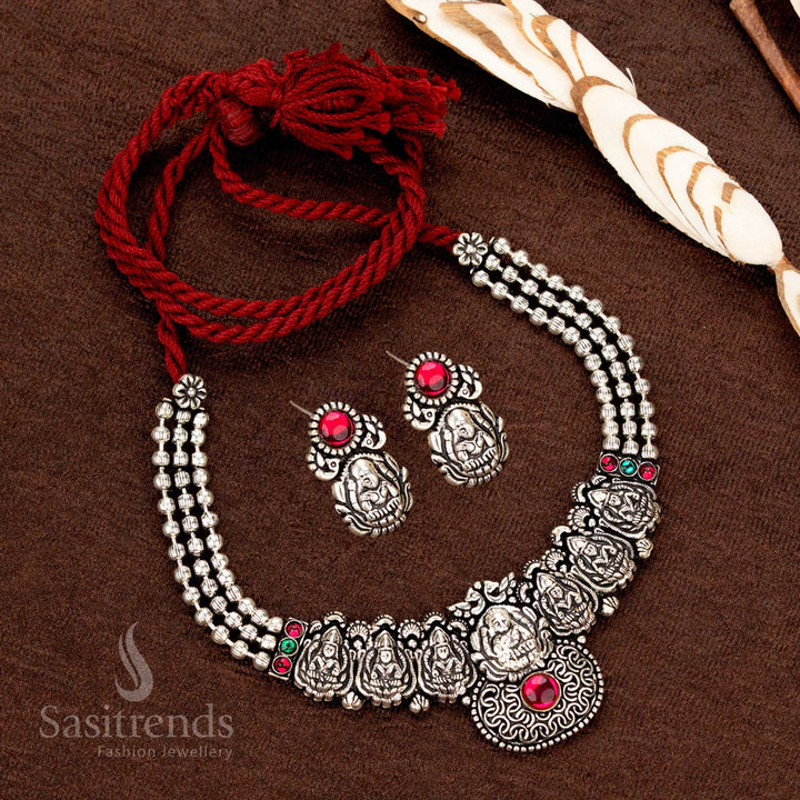 Kolapuri Oxidised Choker with Lakshmi Motifs and Red Thread – Sasitrends