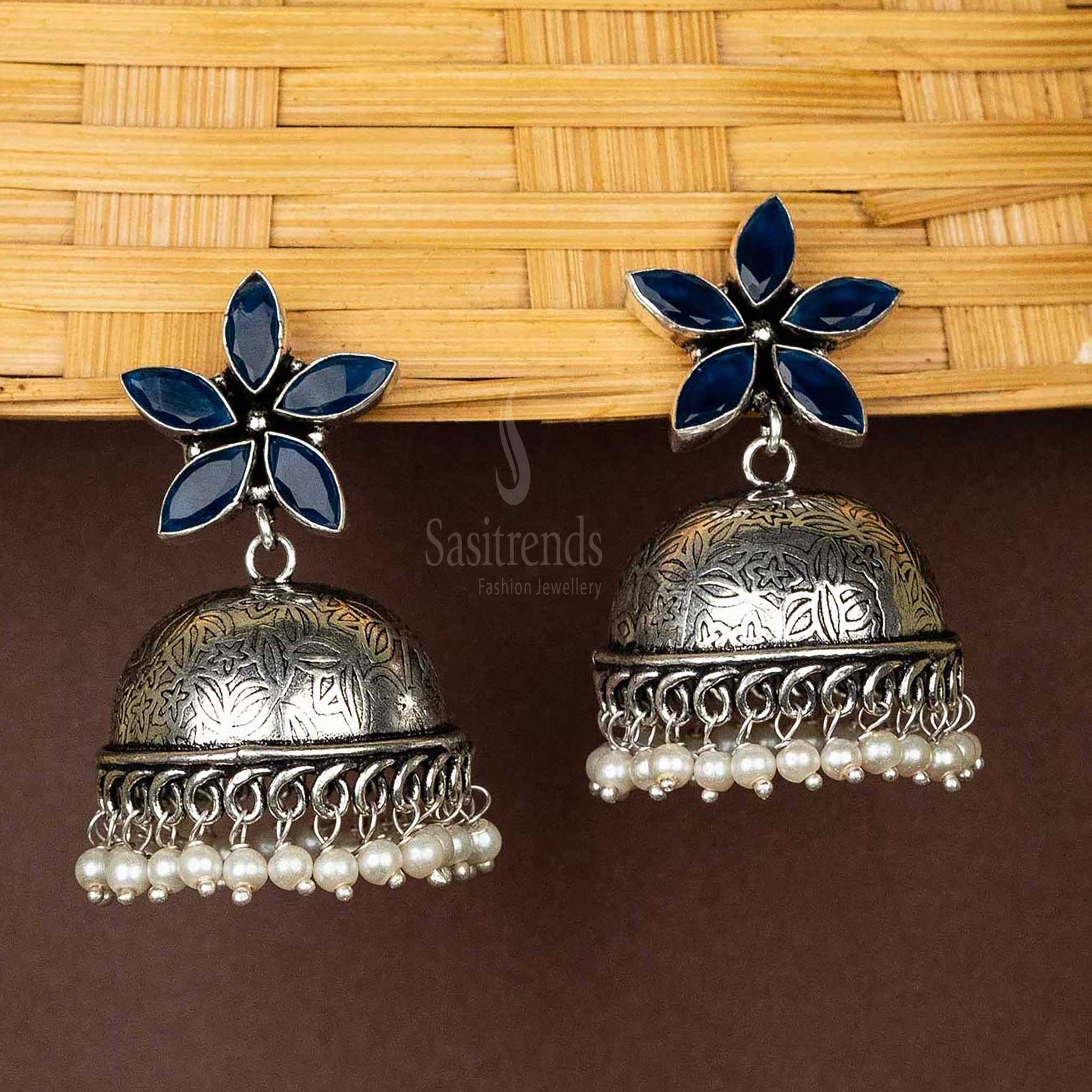 Navy blue-floral-top-jhumka-earrings-with-pearl-hanging
