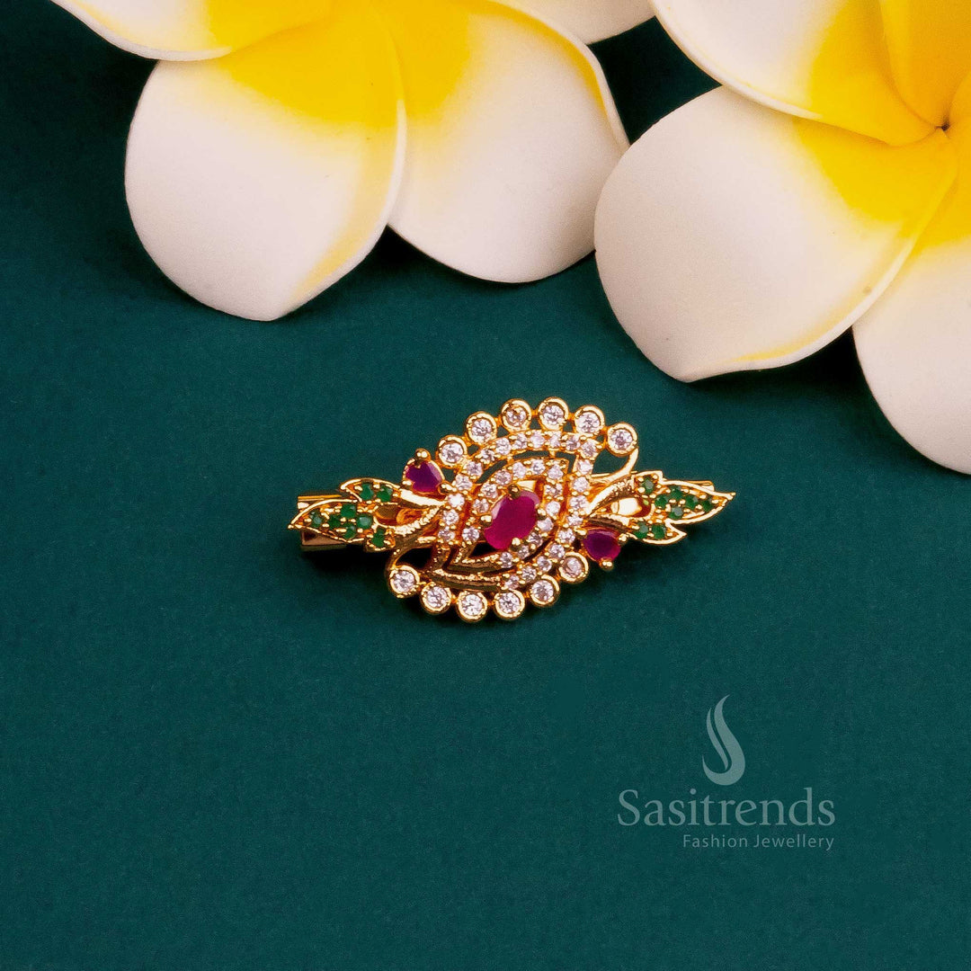 Micro Gold Plated Floral Saree Pin with American Diamond Stones - Sasitrends