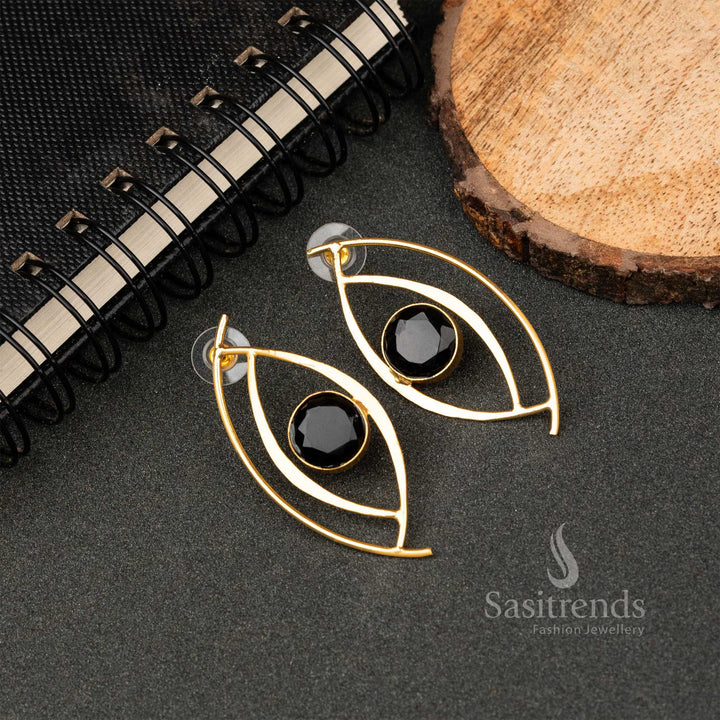 New Gold Plated Black Monalisa Stone Studded Push Back Eye Pattern Earrings