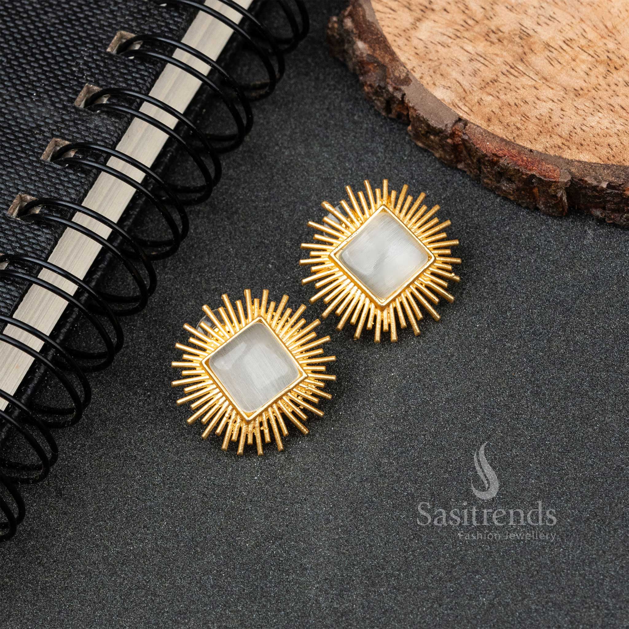 New Gold Plated Rectangle Monalisa Stone Push Back Earrings 