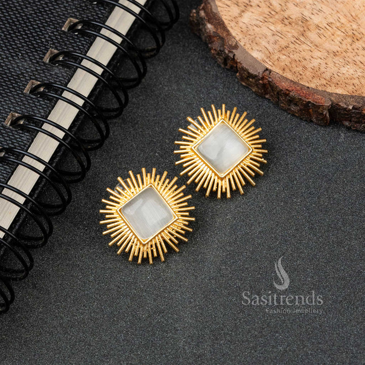 New Gold Plated Rectangle Monalisa Stone Push Back Earrings 