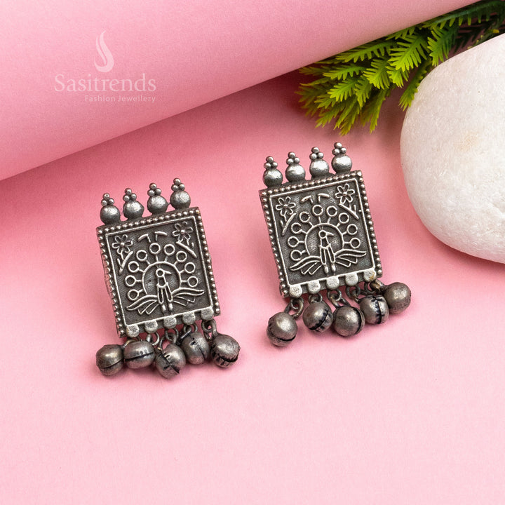 Trendy Tribal Oxidised Silver Look Peacock Patch Square Earrings | Sasitrends